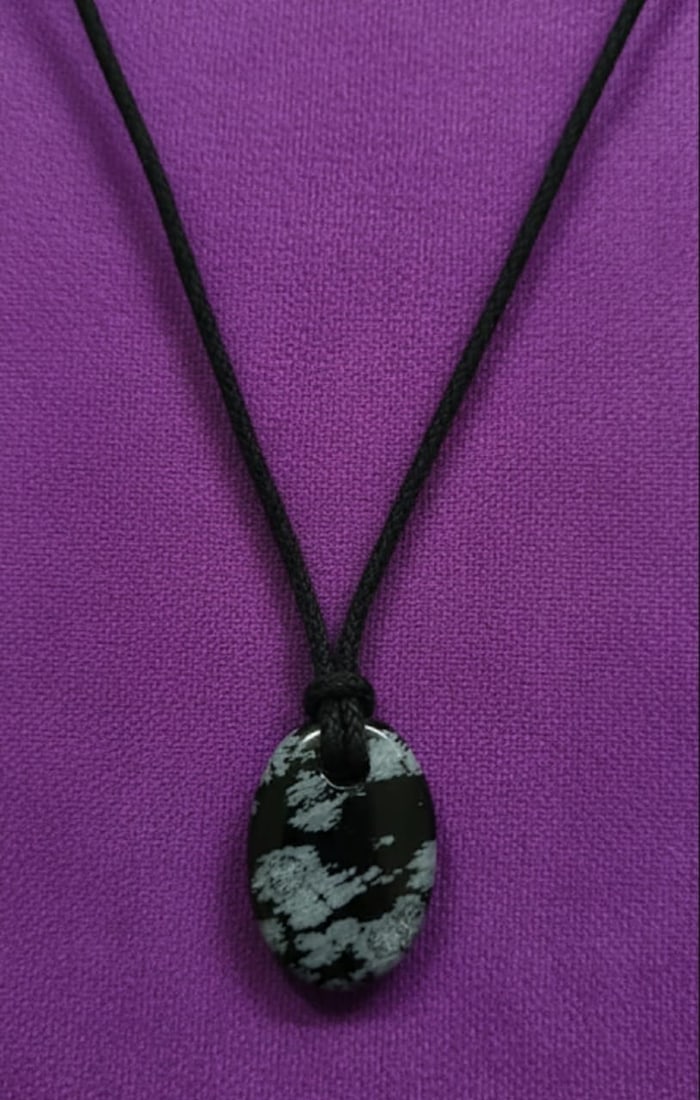 Snowflake Obsidian Oval Pendant With Adjustable Black Cord - 4