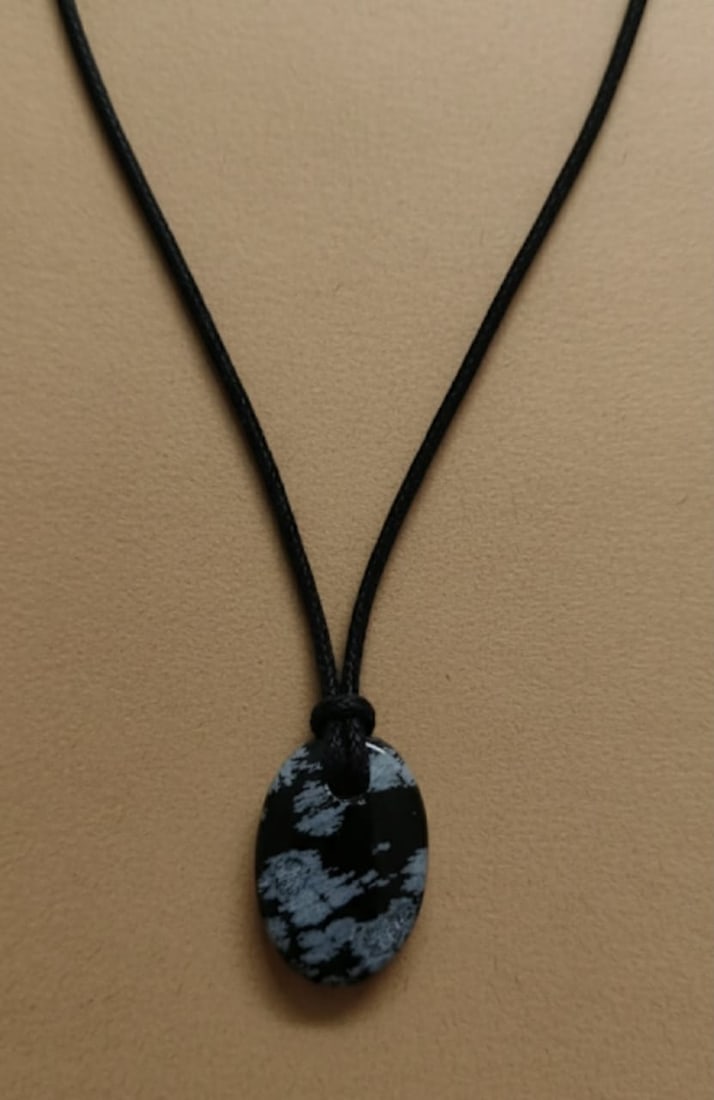 Snowflake Obsidian Oval Pendant With Adjustable Black Cord - 6
