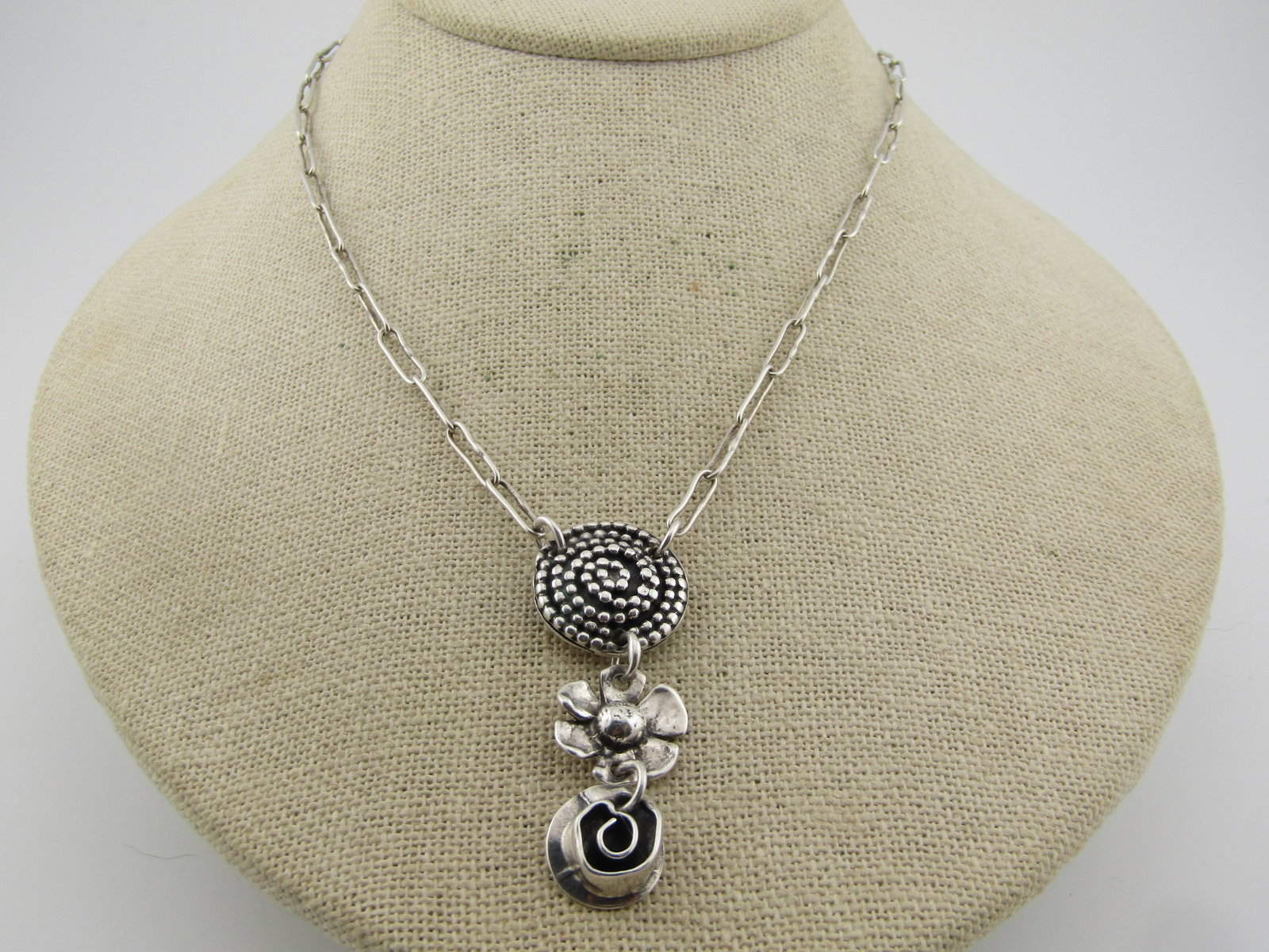 Sherry Tinsman Sterling Floral & Spiral Linked Necklace, 18". 2000-2020 - 2
