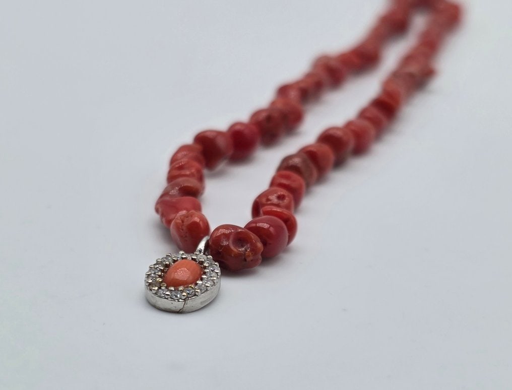 Natural red coral necklace with silver coral pendant and 925 silver clasp (1 of 5)