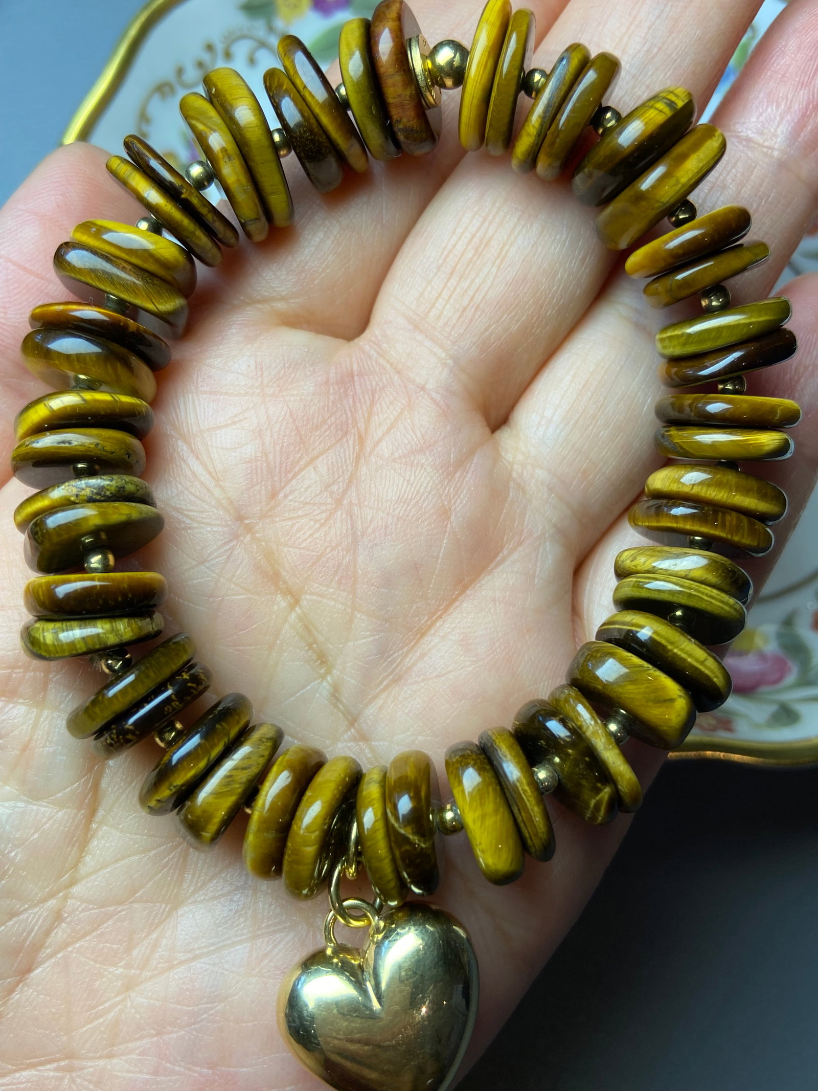 Vintage Italy Tiger Eye Square Beads Bracelet with Large Gold Gilt 925 Silver Heart Charm - 2