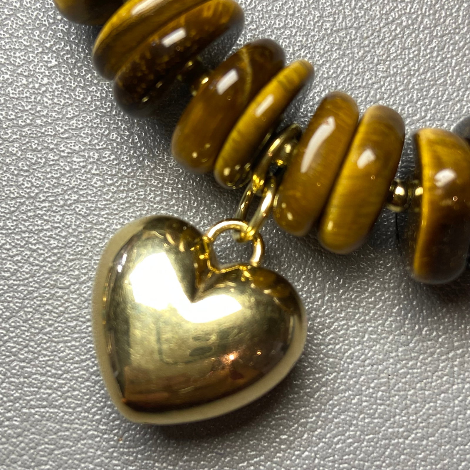 Vintage Italy Tiger Eye Square Beads Bracelet with Large Gold Gilt 925 Silver Heart Charm - 3