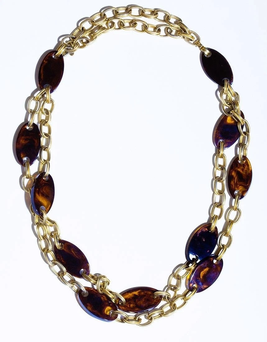 YSL Faux Tortoise Shell Lucite Necklace: Title:YSL Faux Tortoise Shell Lucite Necklace Description:Gorgeous double strand necklace of lucite oval discs of faux tortoise shell…. Circa 1960’s…. Chain is heavily plated in 18 kt gold over 