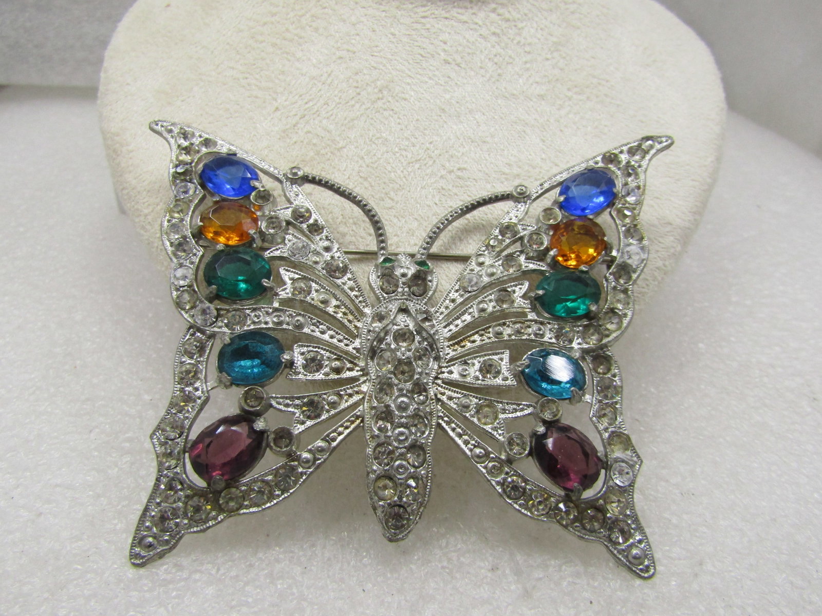 Art Deco Rhinestone Butterfly Brooch, 1930's, Large, Cast Metal: Title:Art Deco Rhinestone Butterfly Brooch, 1930's, Large, Cast Metal Description:Art Deco Rhinestone Butterfly Brooch, 1930's, Large, Cast Metal. 3.25" wide and 3" tall with gemtone glass rhienstoens
