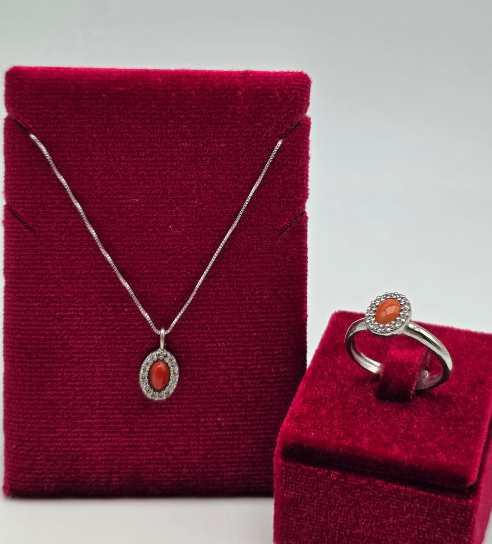 925 silver necklace and ring with red coral (corallium rubrum) and zirconia: Title:925 silver necklace and ring with red coral (corallium rubrum) and zirconia Description:925 silver necklace and ring with red coral (corallium rubrum) and zirconia handcrafted in torre del
