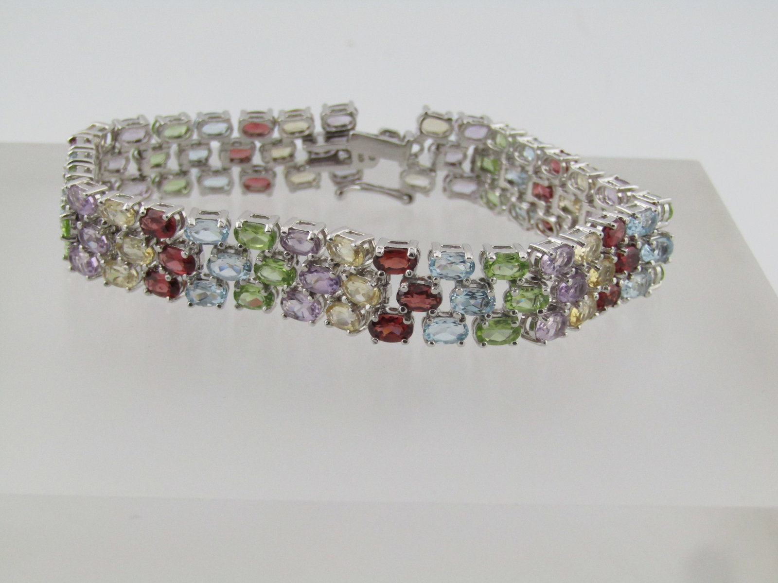 Sterling Mixed Gemstone Triple Strand Tennis Bracelet, 7", 1990. - 2