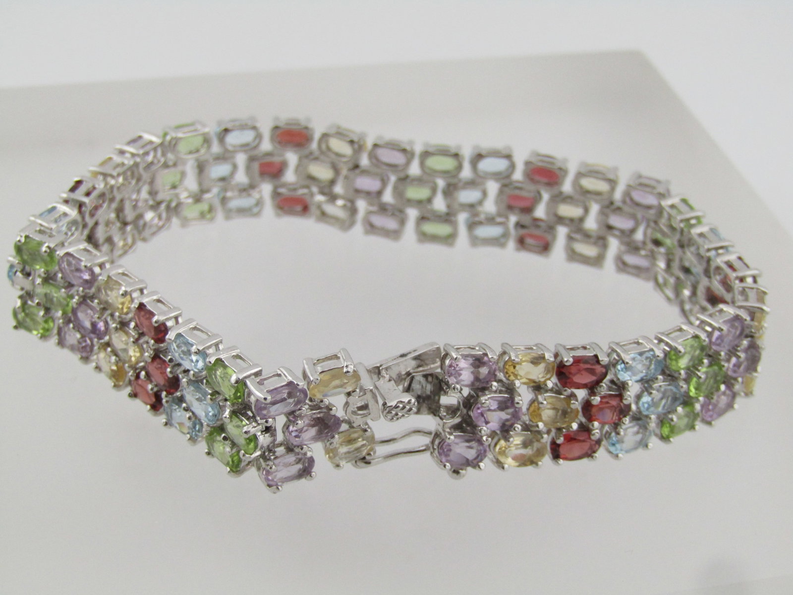 Sterling Mixed Gemstone Triple Strand Tennis Bracelet, 7", 1990. - 3