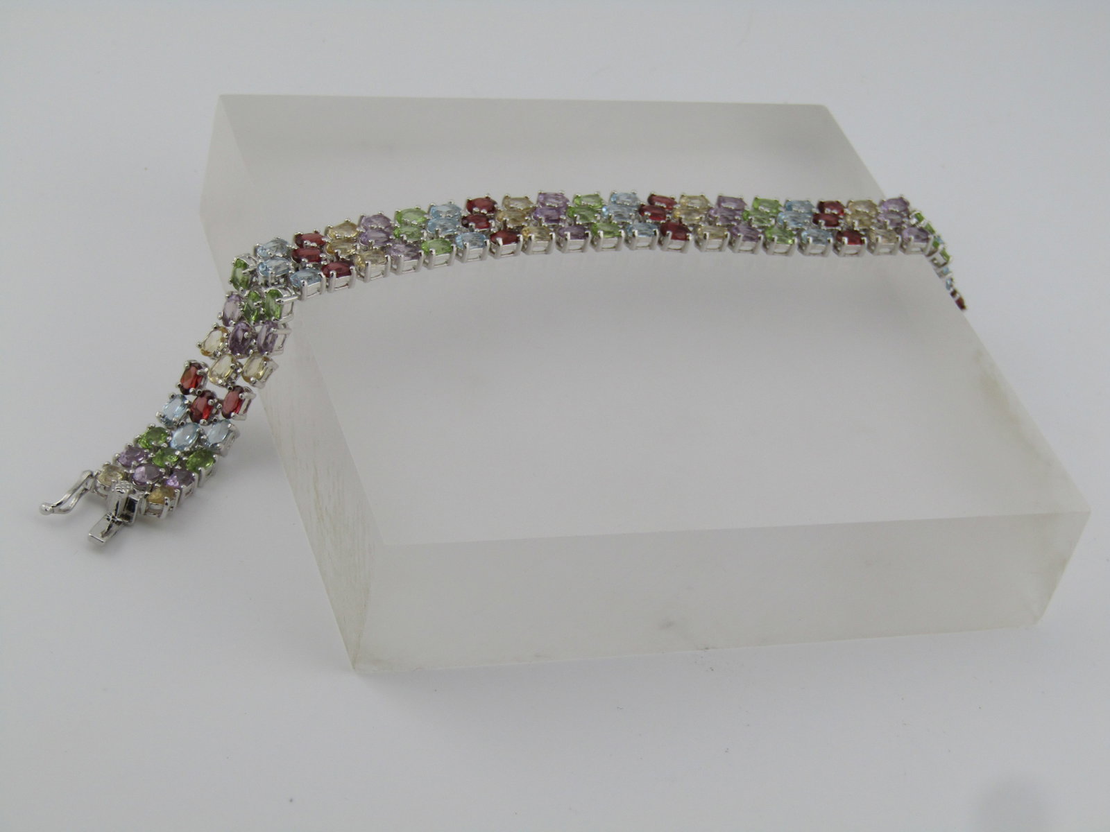Sterling Mixed Gemstone Triple Strand Tennis Bracelet, 7", 1990. - 4