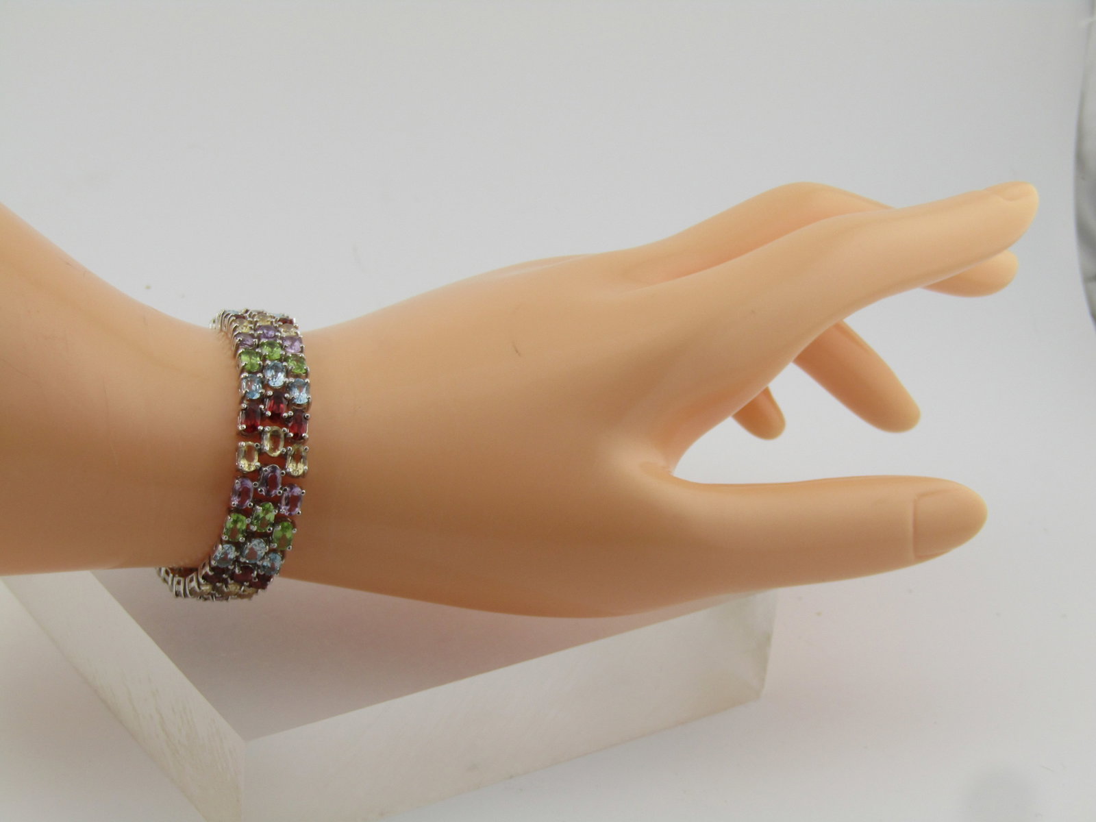 Sterling Mixed Gemstone Triple Strand Tennis Bracelet, 7", 1990. - 5