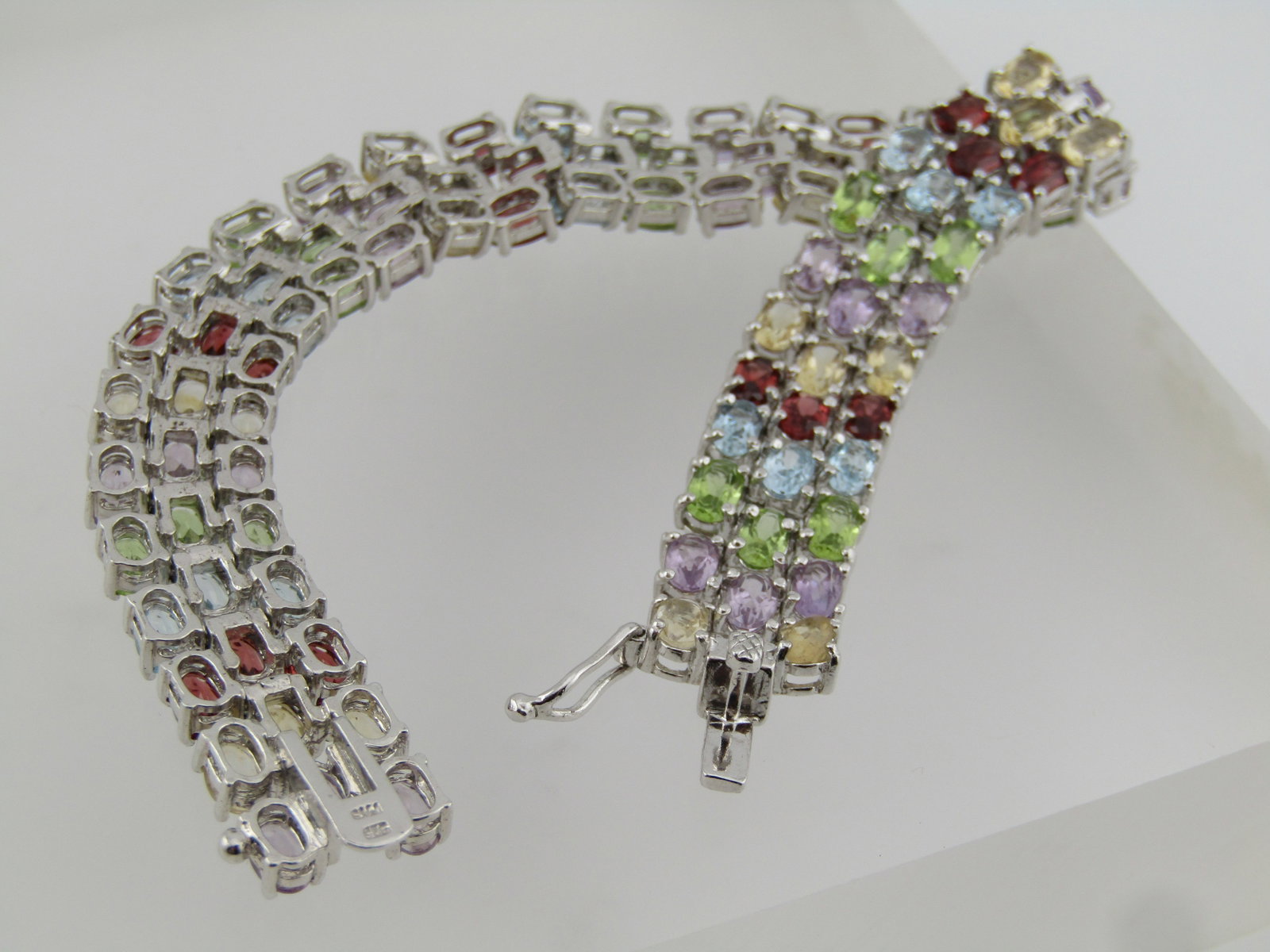 Sterling Mixed Gemstone Triple Strand Tennis Bracelet, 7", 1990. - 6