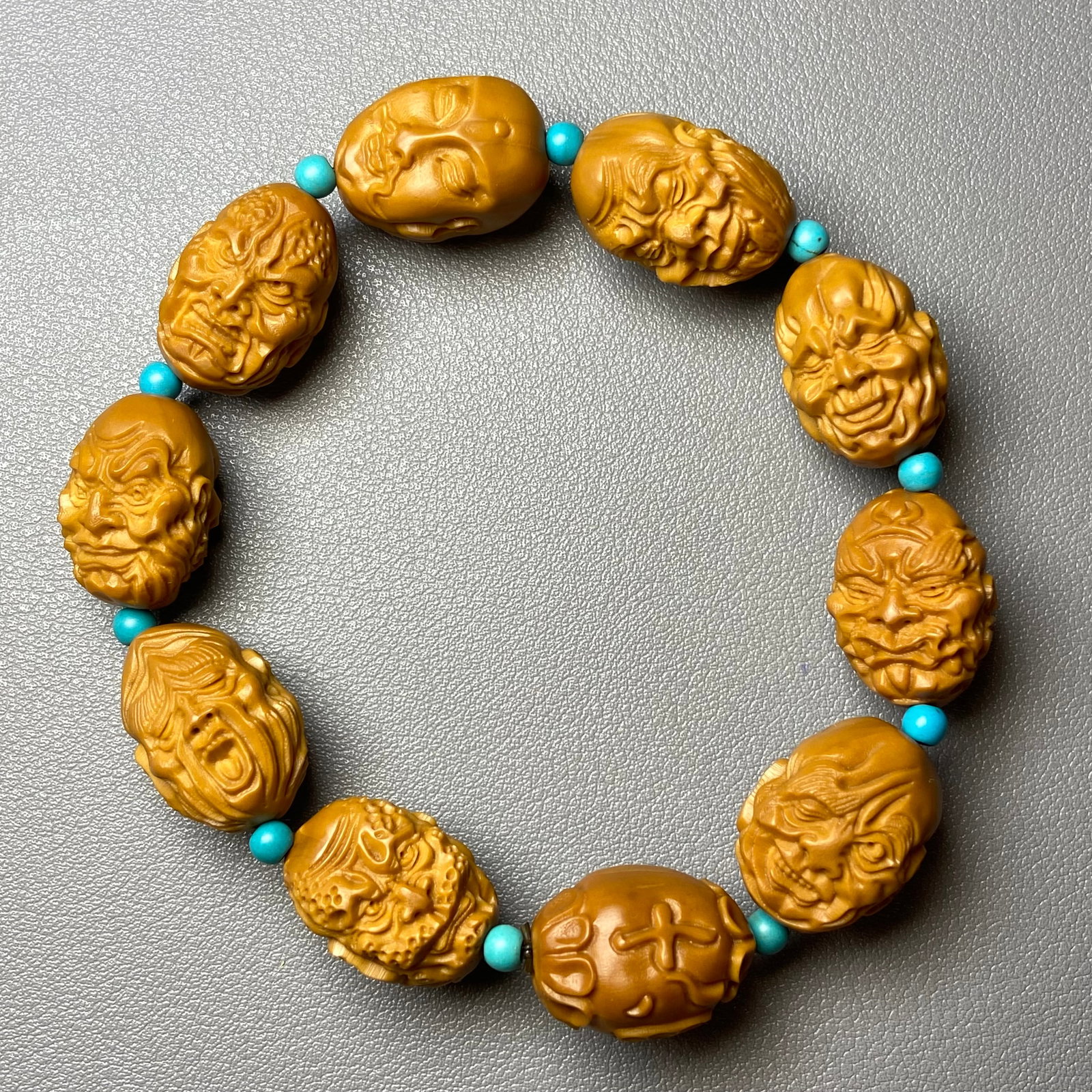 Chinese Olive Pit Hand Carved Double-sided 18 Arhat Bracelet Buddha Amulet - 2