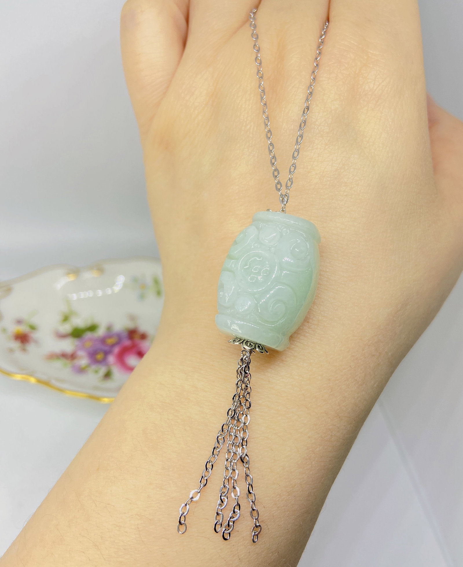 Jadeite Lucky Bead Archaic Amulet silver necklace - 4