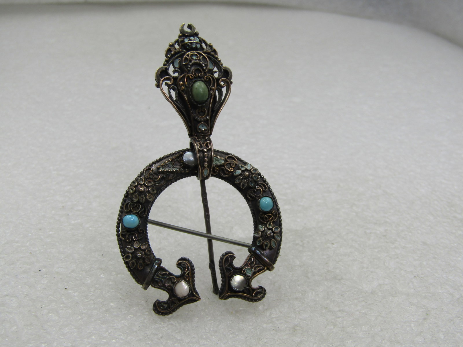 Antique Sterling Filigree Cloak Pin with MOP, Agate Stones, 1800's - 2