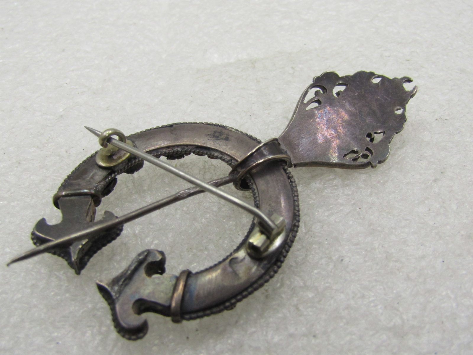 Antique Sterling Filigree Cloak Pin with MOP, Agate Stones, 1800's - 7