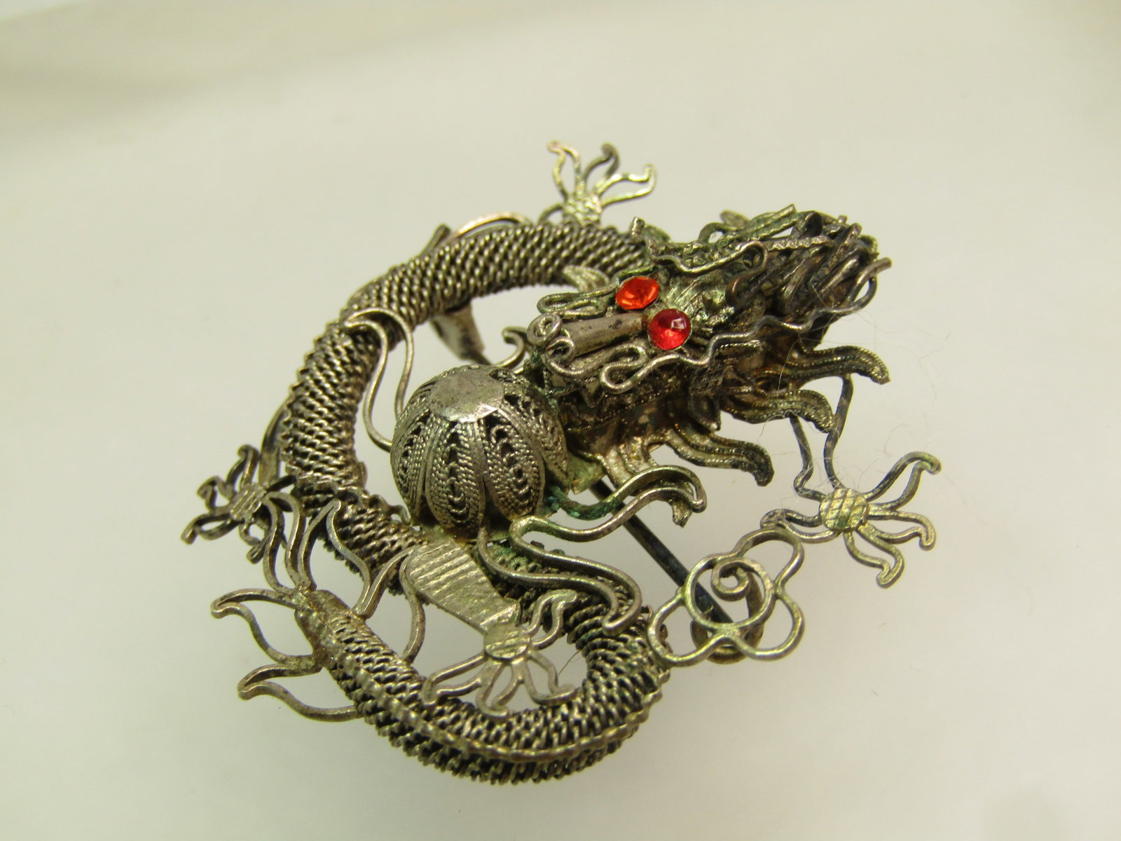 Antique Filigree Dragon Brooch, Rhinestone Eyes, Chinese Import, Early 1900's. - 2