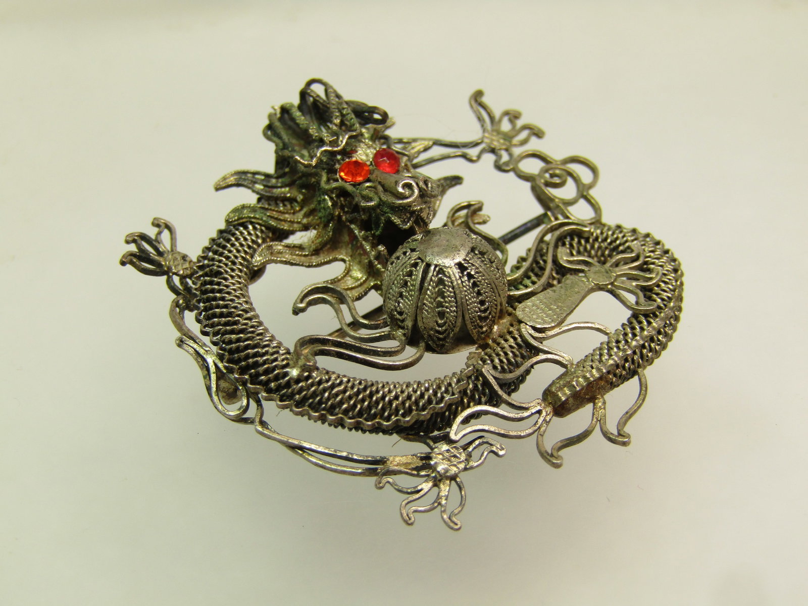 Antique Filigree Dragon Brooch, Rhinestone Eyes, Chinese Import, Early 1900's. - 3