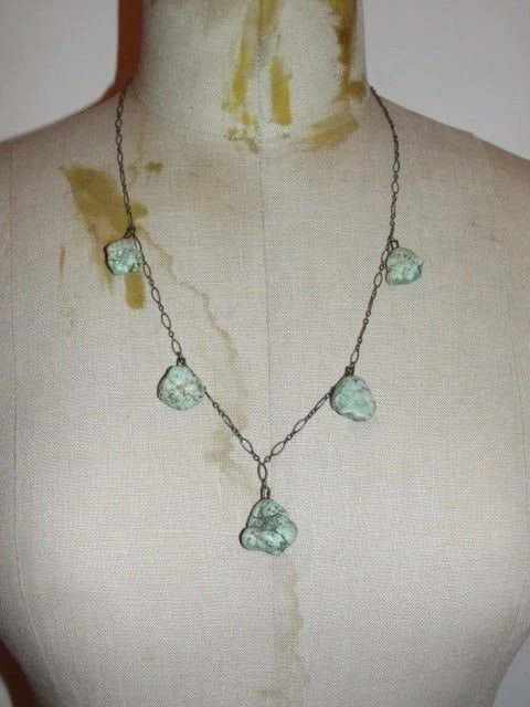 Art Deco Sterling Silver Nugget Turquoise Necklace: Title:Art Deco Sterling Silver Nugget Turquoise Necklace Description:Gorgeous and unique. Circa 1940's. Sterling silver and natural turquoise nuggets. Turquoise nuggets measure 16 mm's to 21 mm's in d