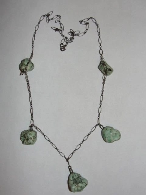 Art Deco Sterling Silver Nugget Turquoise Necklace - 3