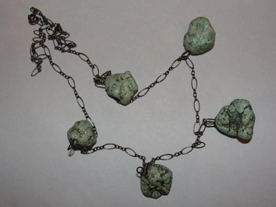 Art Deco Sterling Silver Nugget Turquoise Necklace - 4
