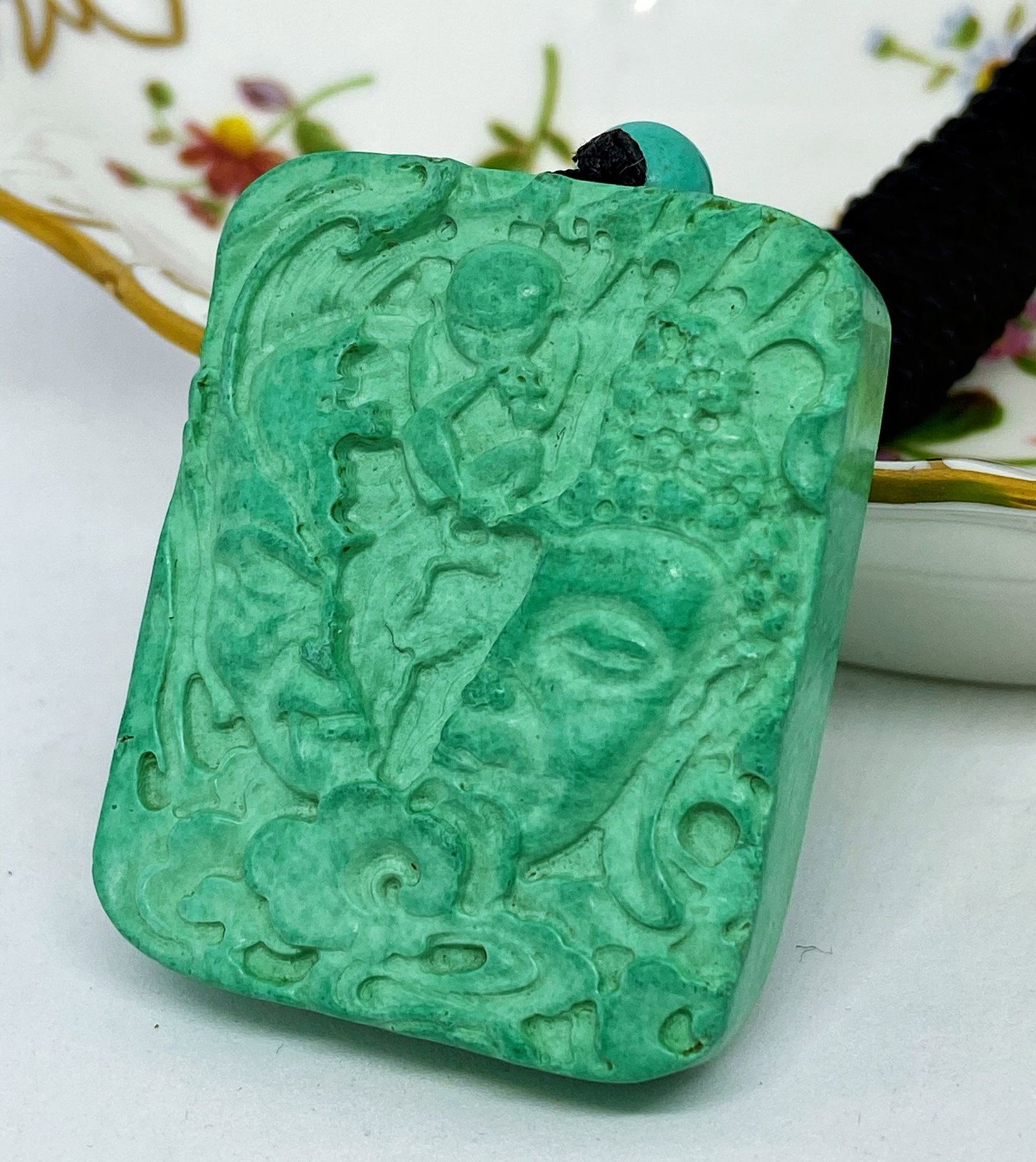 Chinese Hand Carved Turquoise Buddha-Evil Head Amulet Figure - 2