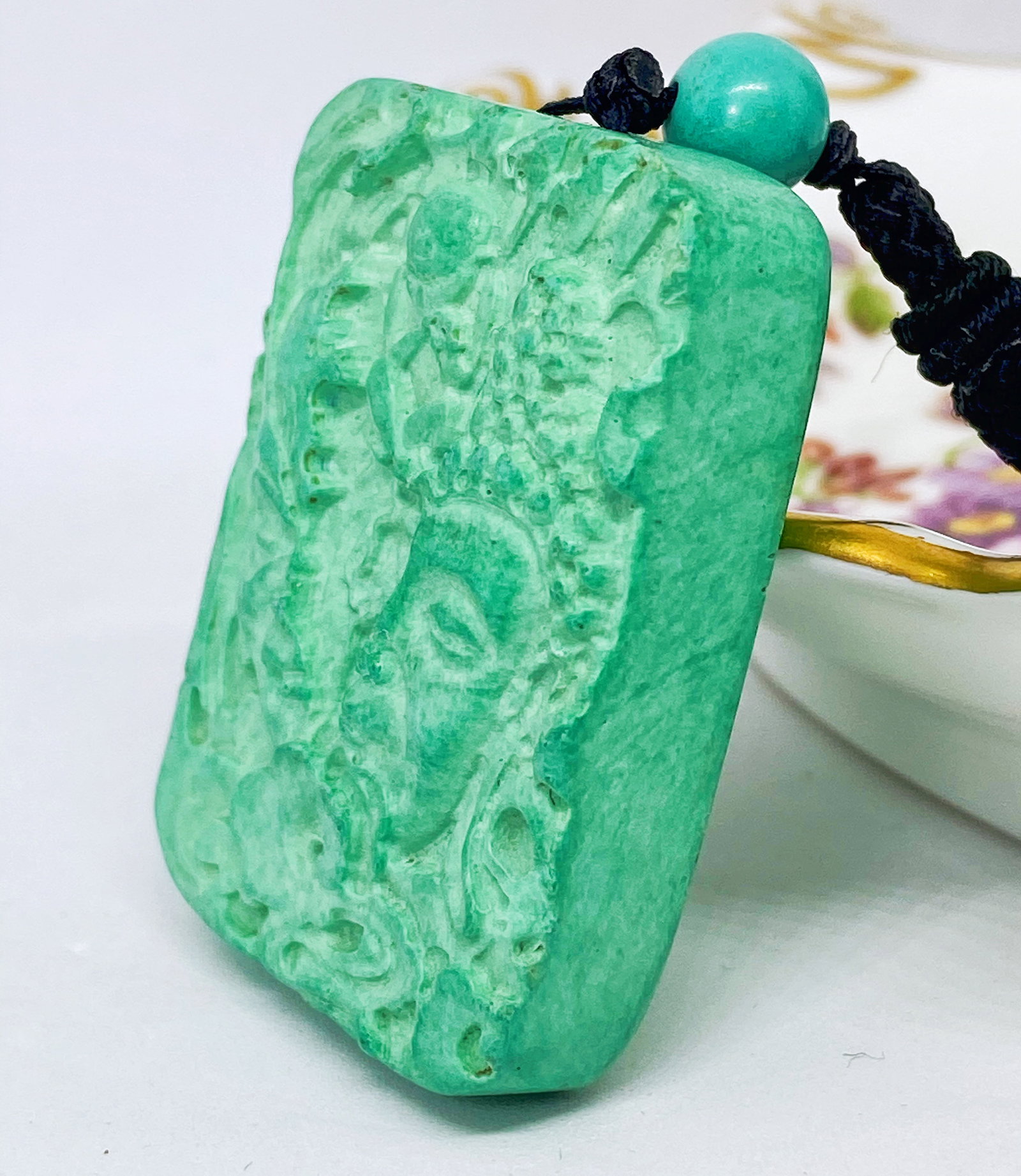 Chinese Hand Carved Turquoise Buddha-Evil Head Amulet Figure - 3