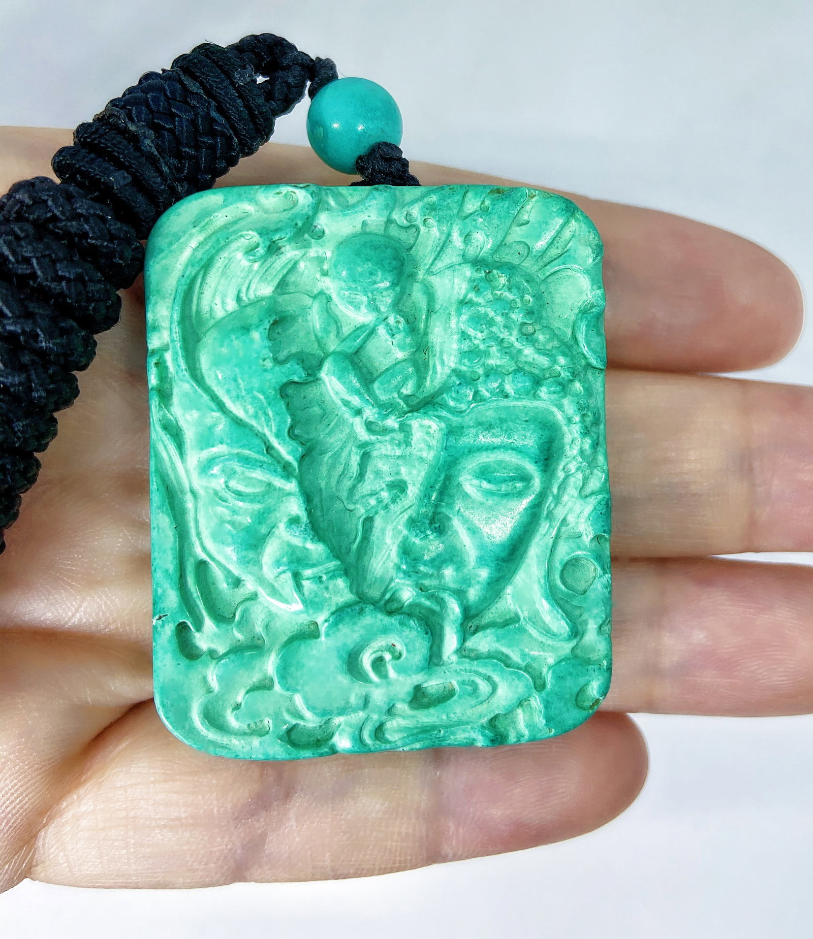 Chinese Hand Carved Turquoise Buddha-Evil Head Amulet Figure - 7