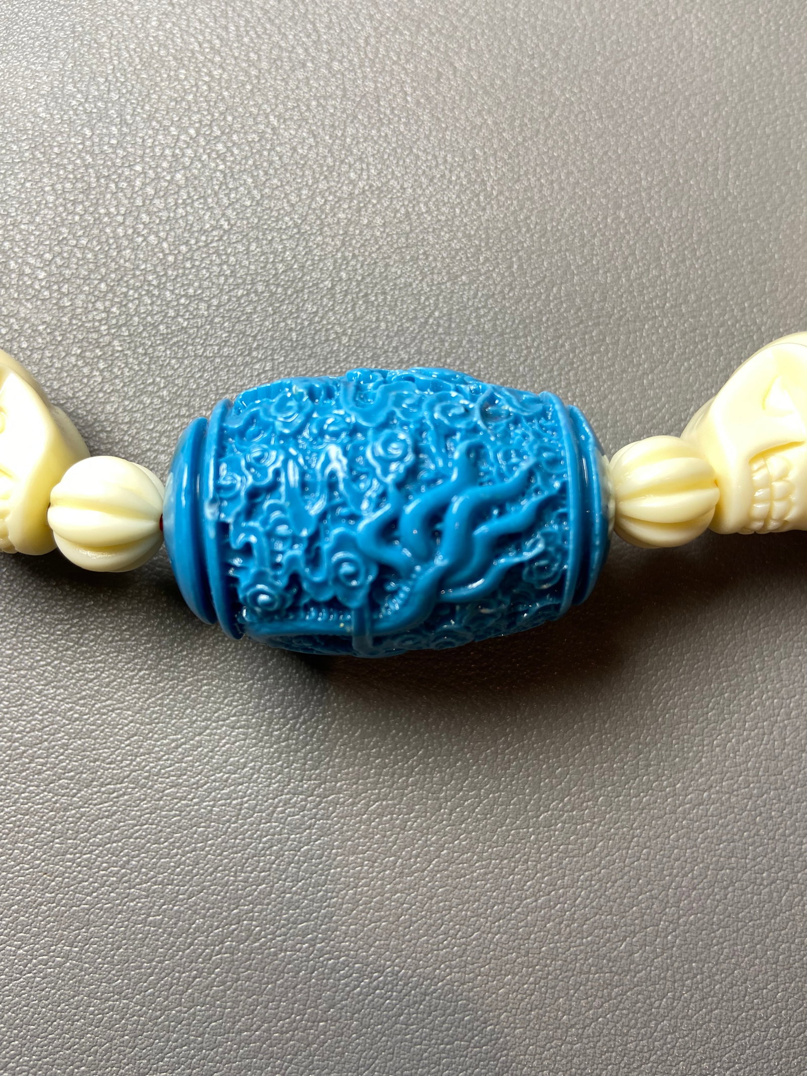 Vintage Celluloid Hand carved Skull Beads Necklace with Turquoise Dragon Amulet Pendant - 5