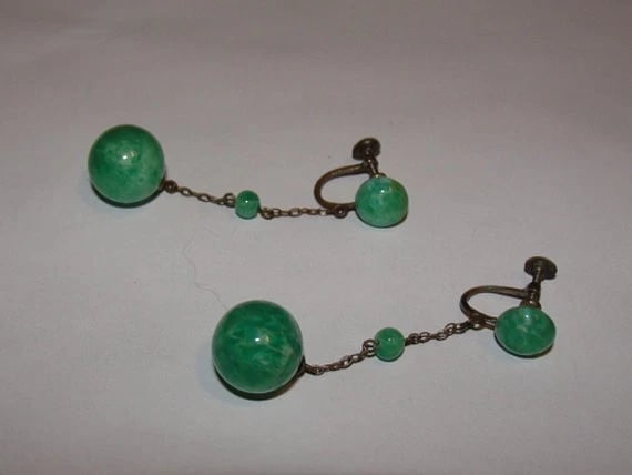 Gorgeous Green Peking Glass Bead Necklace and Dangle Earrings Set - 4