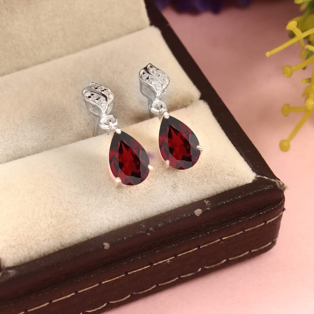 1.2 Carat Garnet, Cubic Zirconia 925 Sterling Silver Dangle Earrings - 2