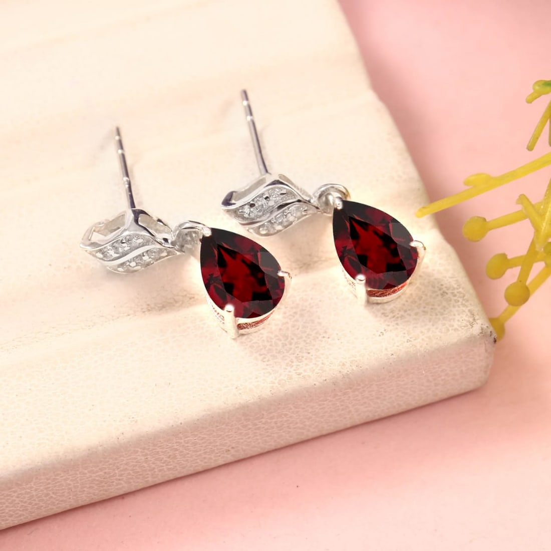 1.2 Carat Garnet, Cubic Zirconia 925 Sterling Silver Dangle Earrings - 3