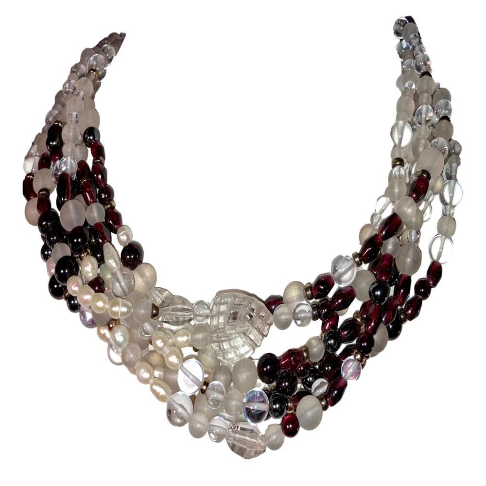 Frosted Quartz Garnet Hematite Pearl Sterling Gold Vermeil Bead Necklace - 2