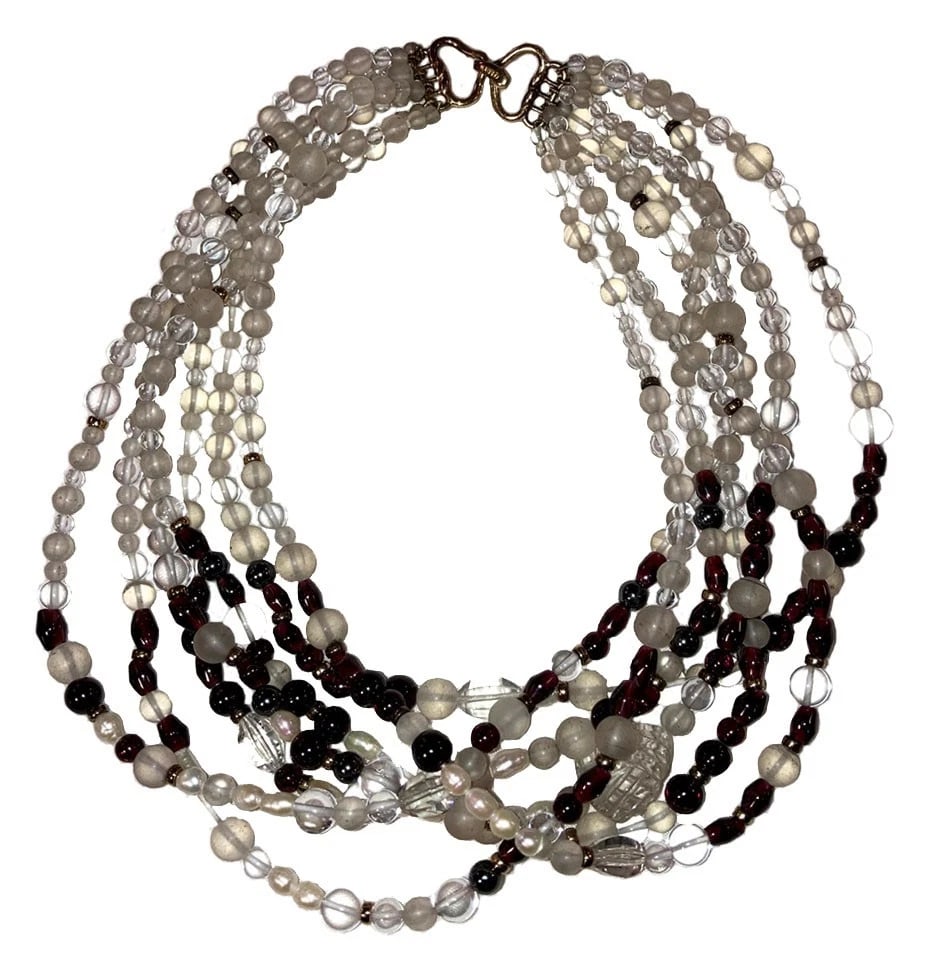 Frosted Quartz Garnet Hematite Pearl Sterling Gold Vermeil Bead Necklace - 3