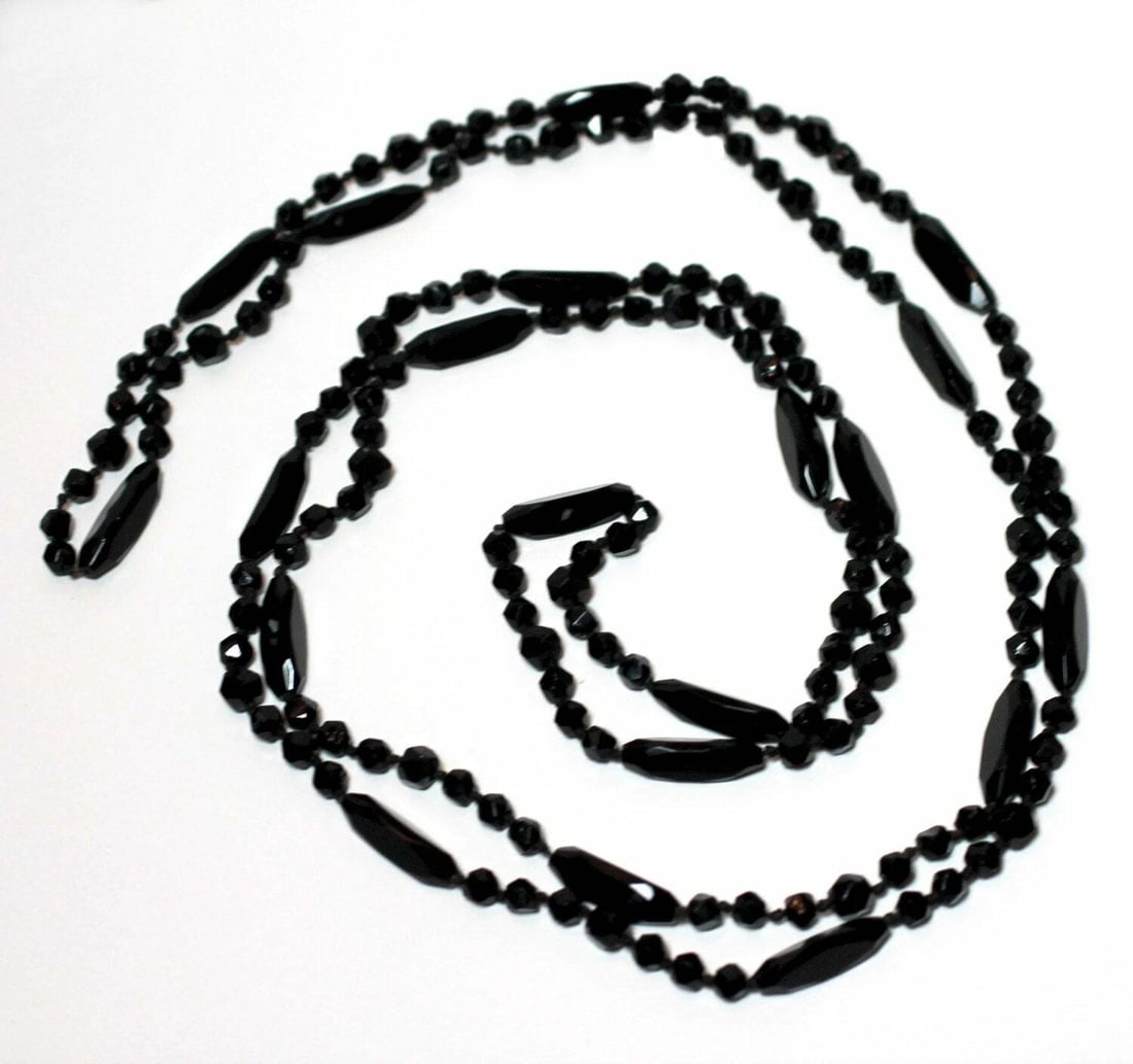 Victorian Faceted Jet Bead Flapper Necklace - 3