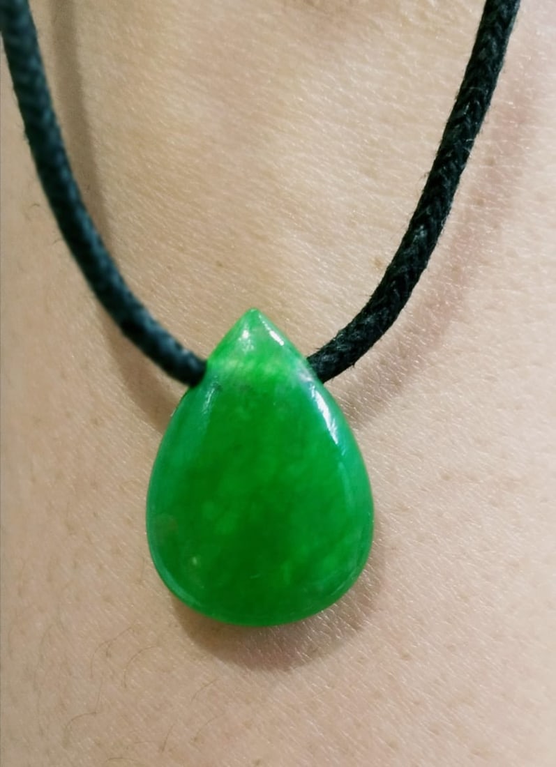 Green Jade Pear Pendant With Adjustable Black Cord - 4