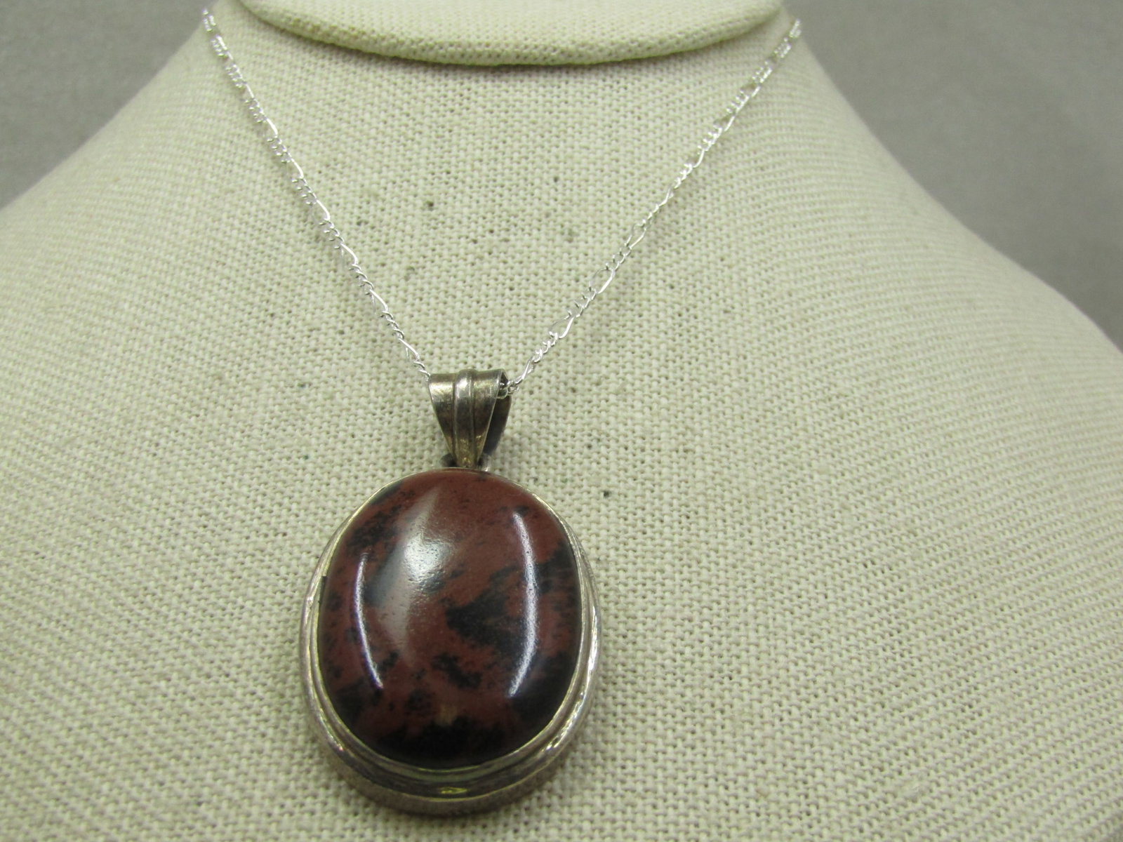 Vintage Sterling Brown & Black Jasper Pendant with 20" Figaro Chain (1 of 7)