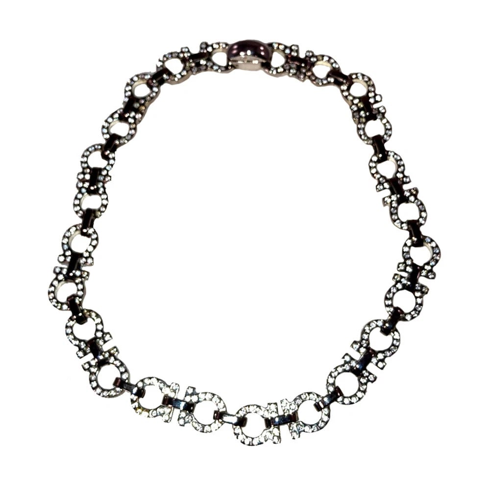 Salvatore Ferragamo Silver Tone Monogram Rhinestone Necklace - 3