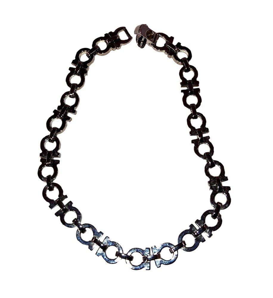 Salvatore Ferragamo Silver Tone Monogram Rhinestone Necklace - 5