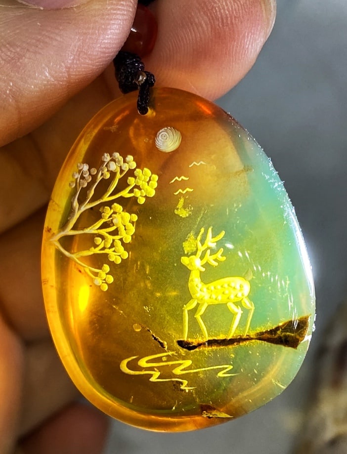 Golden Blue Amber Handcarved Amulet Pendant Necklace - 11