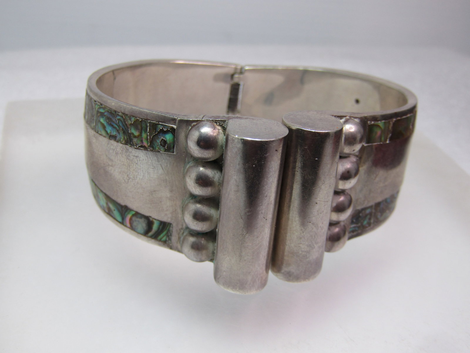 Vintage Sterling Hinged Abalone Cuff Bracelet Signed GAR, Taxco, Mexico, 6.5", 1950's-1970's (1 of 7)
