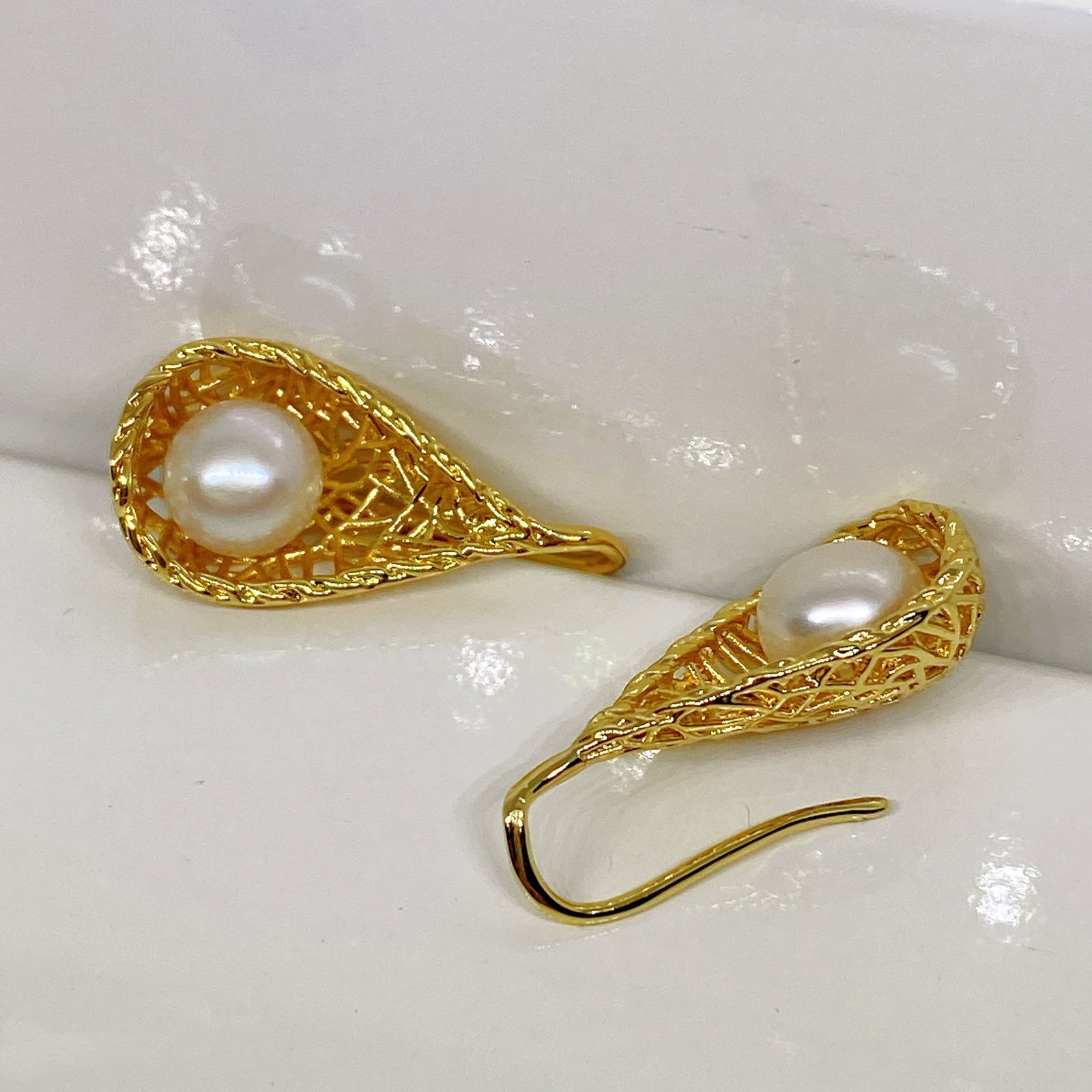 Freshwater cultured pearls Bird's Nest designed silver earrings - 5