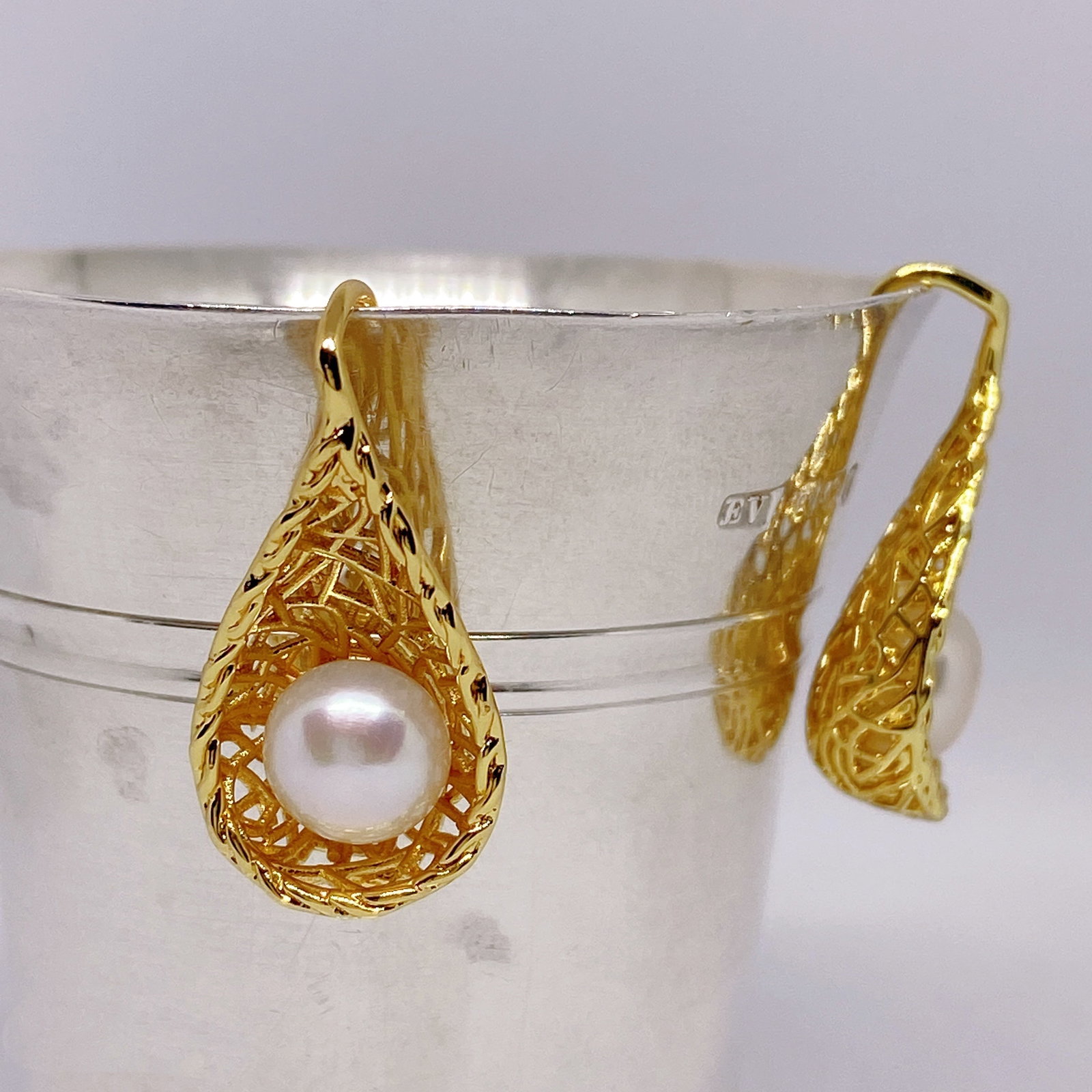 Freshwater cultured pearls Bird's Nest designed silver earrings - 8