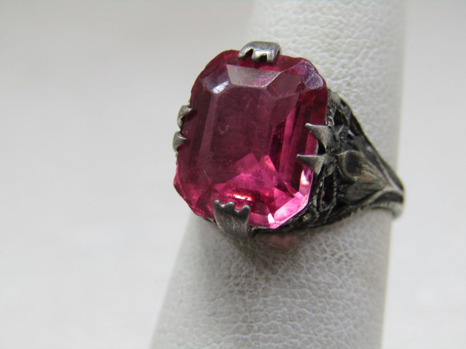 Vintage Sterling Pink Stone Art Deco Ring, Sz. 4, 1920's-1930's: Title:Vintage Sterling Pink Stone Art Deco Ring, Sz. 4, 1920's-1930's Description:Vintage Sterling Pink Stone Art Deco Ring, Sz. 4, 1920's-1930's, appx. 2.99 gr. It is marked sterling and tested. Orna