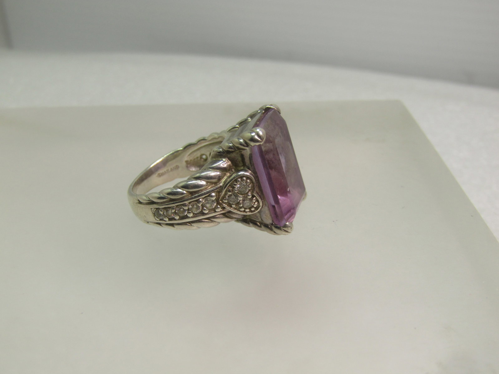 Vintage Sterling Amethyst & CZ Ring, Heart Accent, Sz. 6.25, 1990's Judith Jack Statement Ring - 2