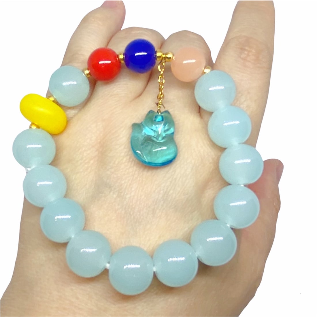 Peking glass beads elastic Yoga healing bracelet with a blue crystal fox charm - 2