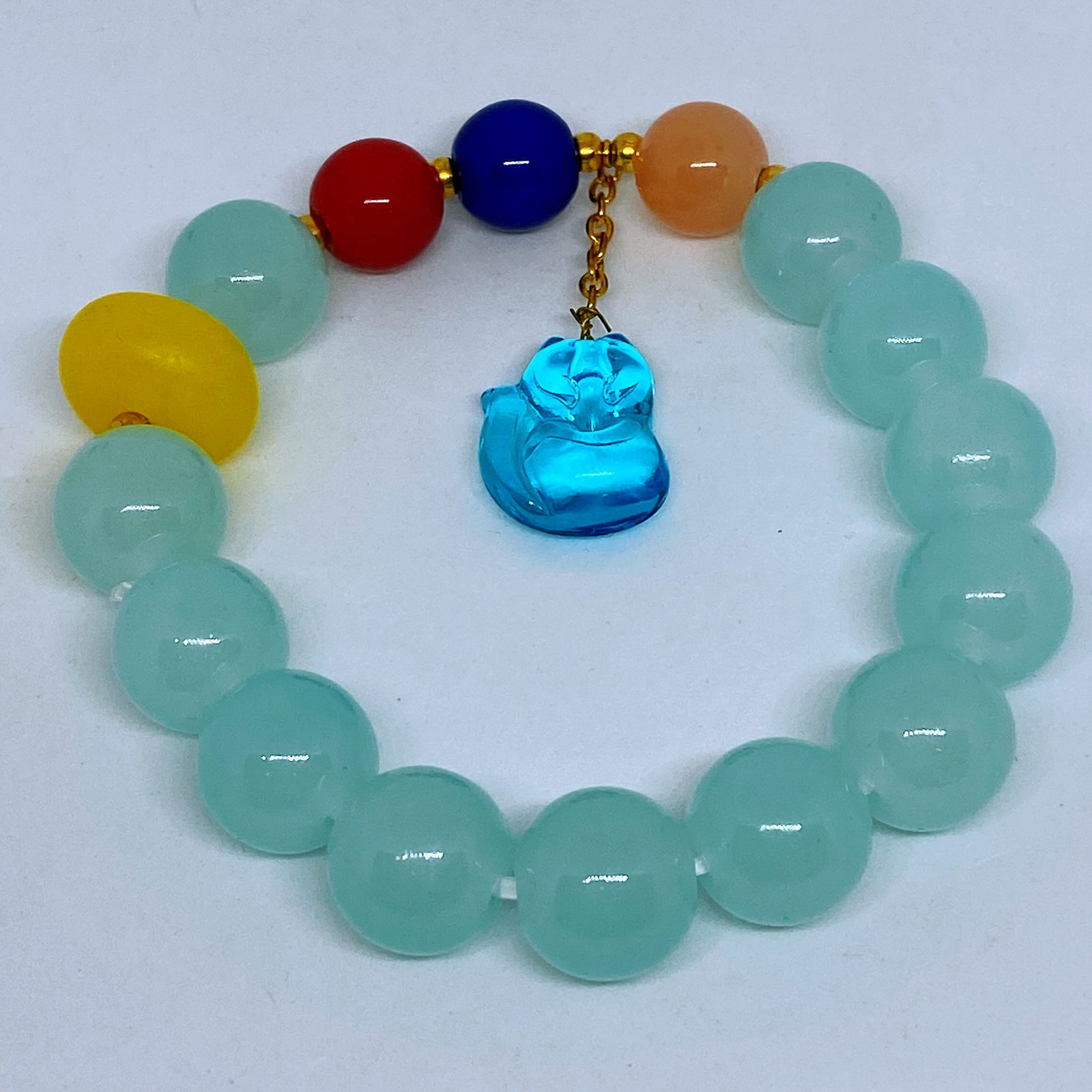 Peking glass beads elastic Yoga healing bracelet with a blue crystal fox charm - 3
