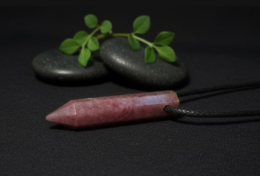 Rhodochrosite Pencil Pendant With Adjustable Black Cord - 3