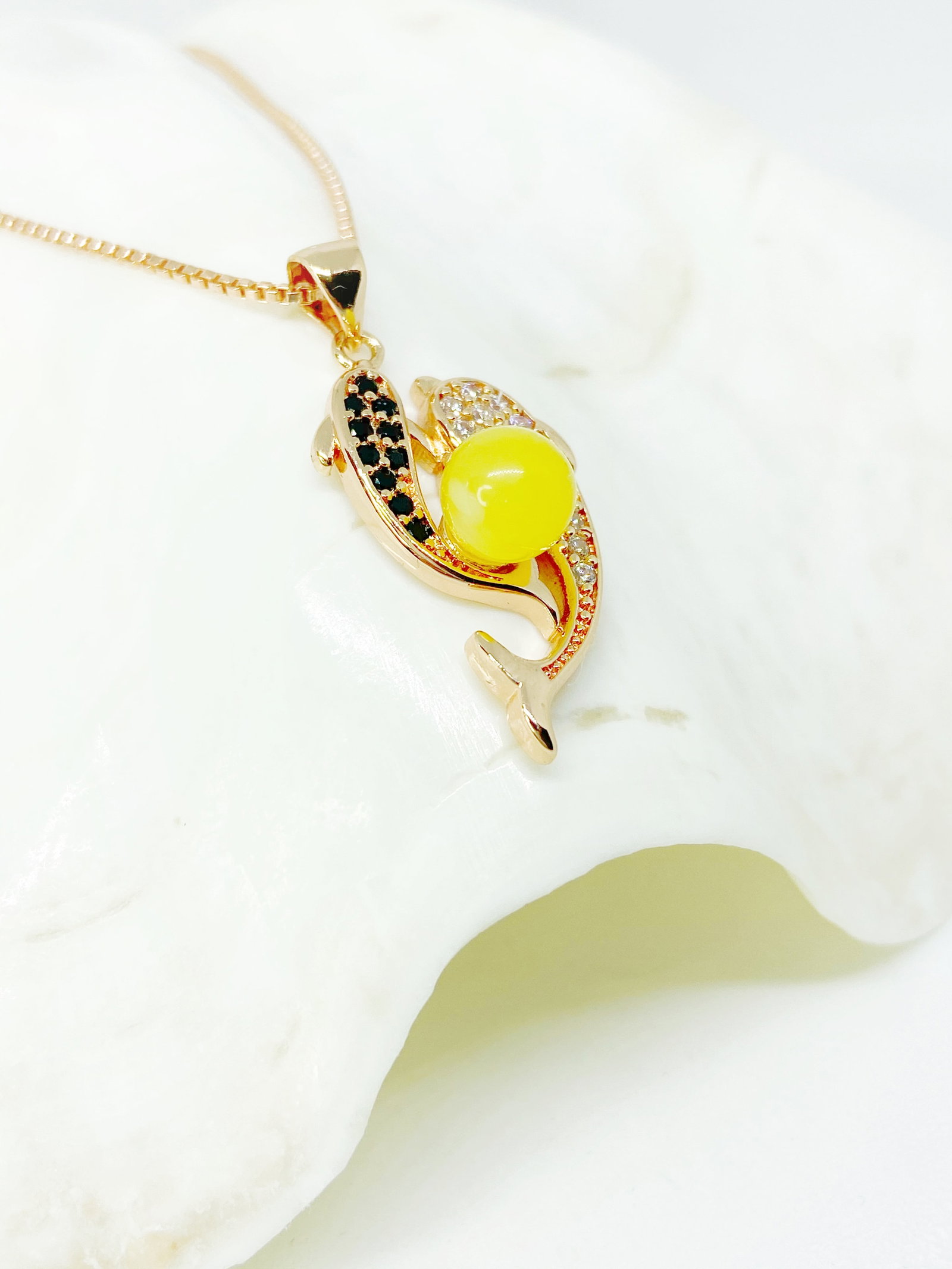 100% Natural Butterscotch Amber Double Dophines Pendant Rose Gold plated Necklace - 2
