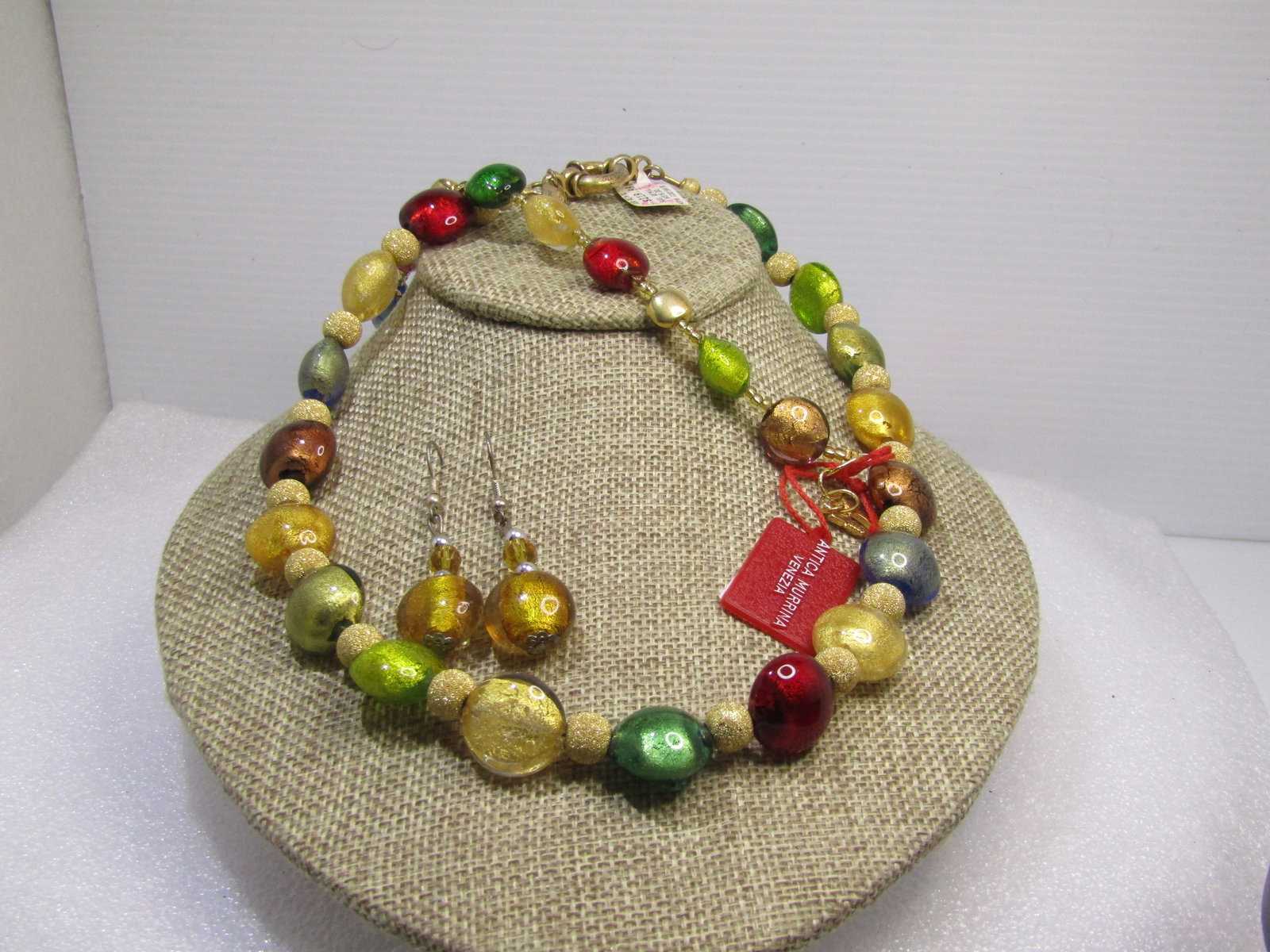 Sterling Gemtone Glitter Glass Beaded Necklace, Bracelet, Pierced Earrings Set. 18", 1990's. - 2