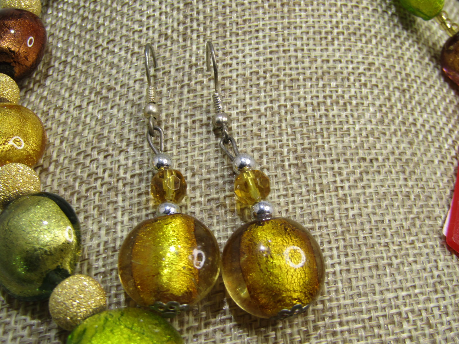 Sterling Gemtone Glitter Glass Beaded Necklace, Bracelet, Pierced Earrings Set. 18", 1990's. - 3