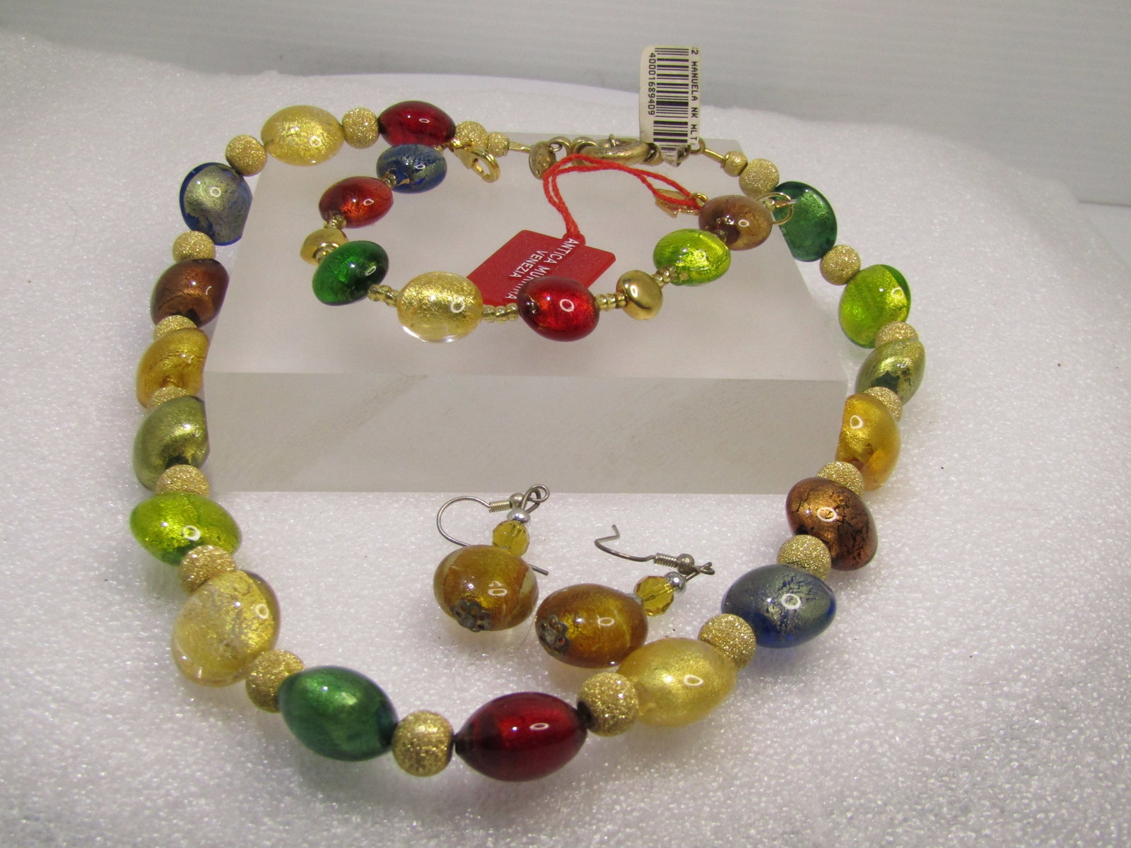 Sterling Gemtone Glitter Glass Beaded Necklace, Bracelet, Pierced Earrings Set. 18", 1990's. - 5